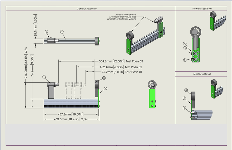 Dimensioned general assembly drawing of the test rig with GD&T callouts and mounting details