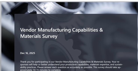 The vendor-facing Manufacturing Capabilities and Materials Survey intake form
