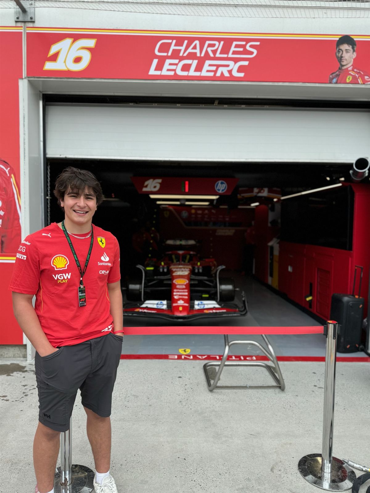 Ben in front of Charles Leclerc's Ferrari garage in Montreal