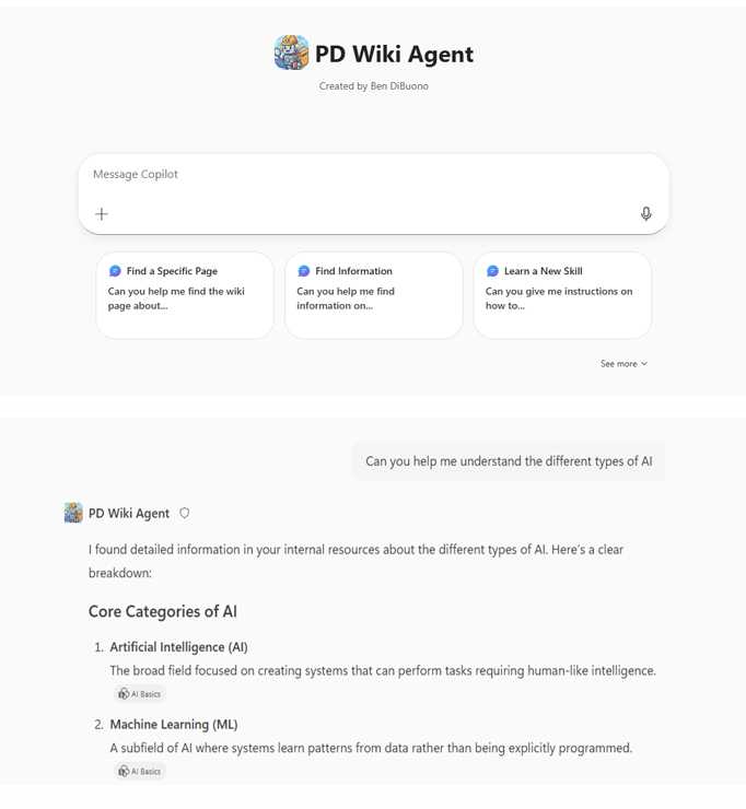 The PD Wiki Agent interface in Copilot Studio, answering a question about types of AI with citations to wiki pages